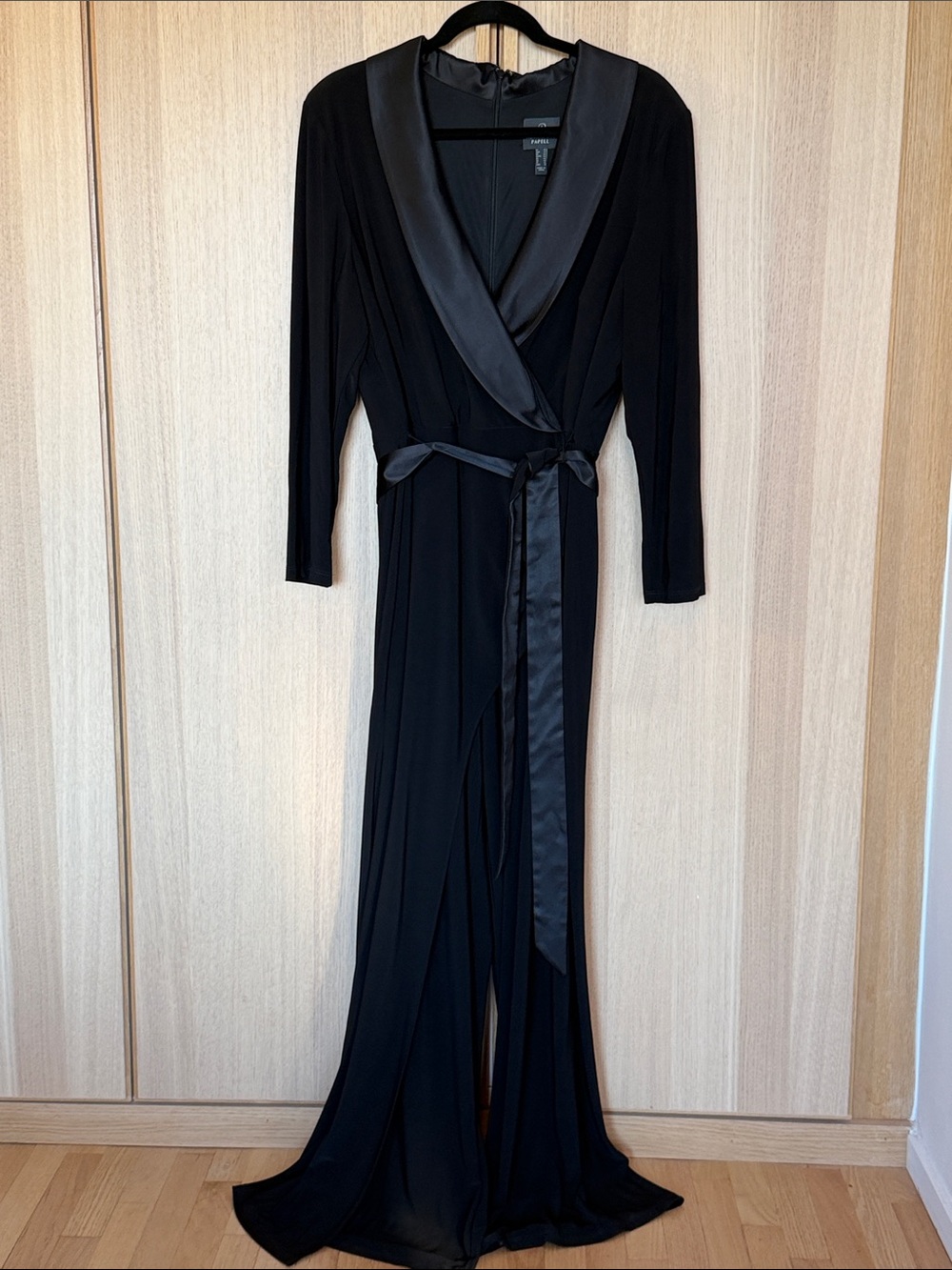 Adrianna Papell - Black Satin-Trim Wrap Jumpsuit